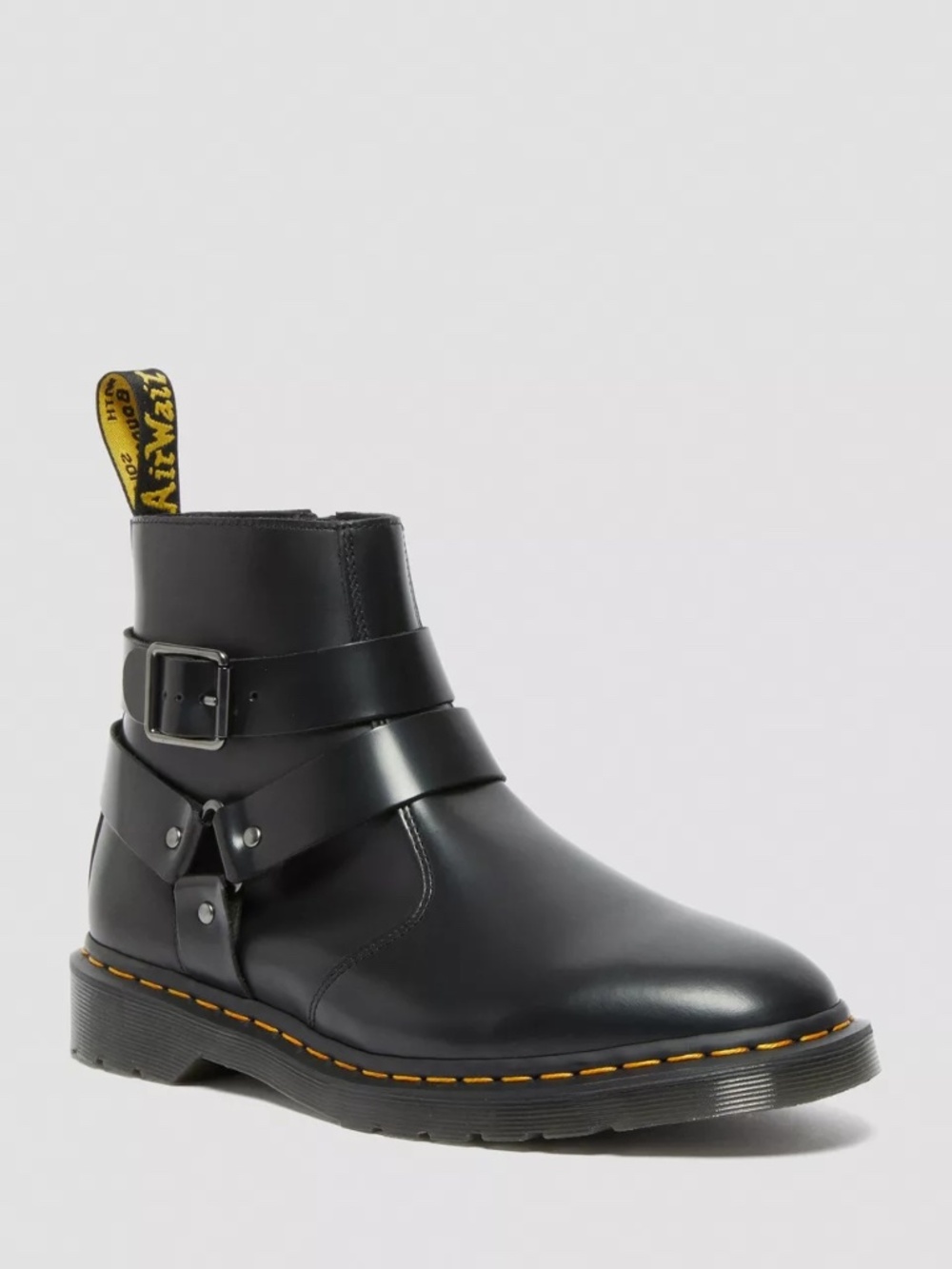 Dr. Martens Black Leather Harness Combat Boot with Yellow Stitching